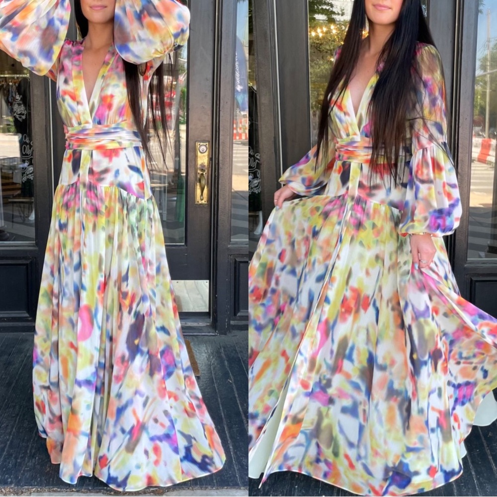 Alexis Becker Iridescent Long Sleeve Belted Plunging V Neckline Maxi Dress Sz S - Picture 3 of 11